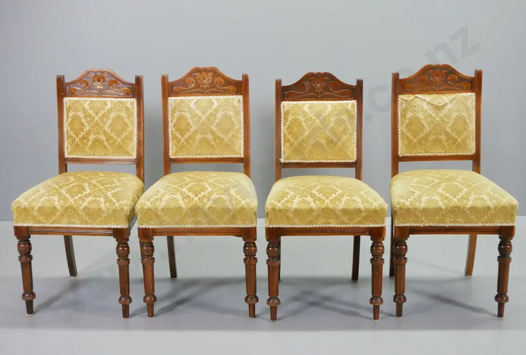 set of 4 Edwardian dining chairs w/ nouveau style carved detail, covered in Italian embossed gold velvet, some trim is Image 1++