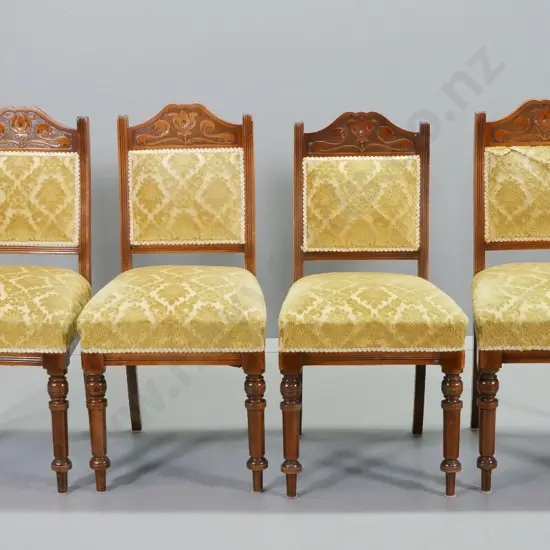 set of 4 Edwardian dining chairs w/ nouveau style carved detail, covered in Italian embossed gold velvet, some trim is