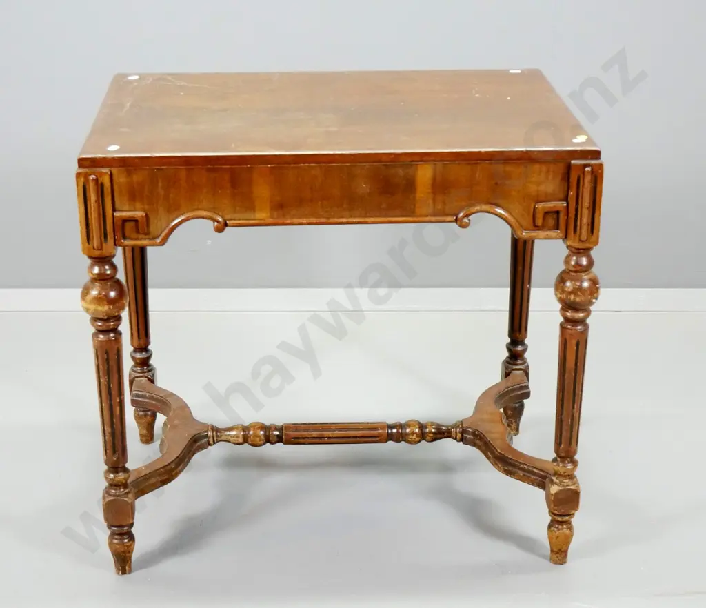 vintage mahogany occasional table w/ fluted legs, stretcher base, chip to veneer, hole drilled in one end, polish Image 1++