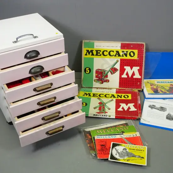 large Meccano collection including 6-drawer chest w/fitted drawers, multiple sets, original boxes & booklets H560