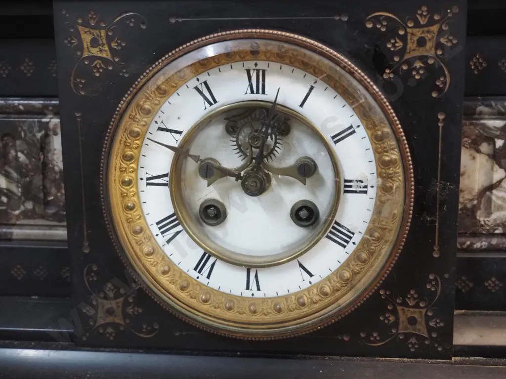 black and mottled marble or stone cased mantel clock - w/pendulum & 2 keys H230 W370 D180 Image 1++