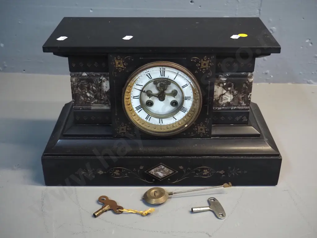 black and mottled marble or stone cased mantel clock - w/pendulum & 2 keys H230 W370 D180 Image 1++