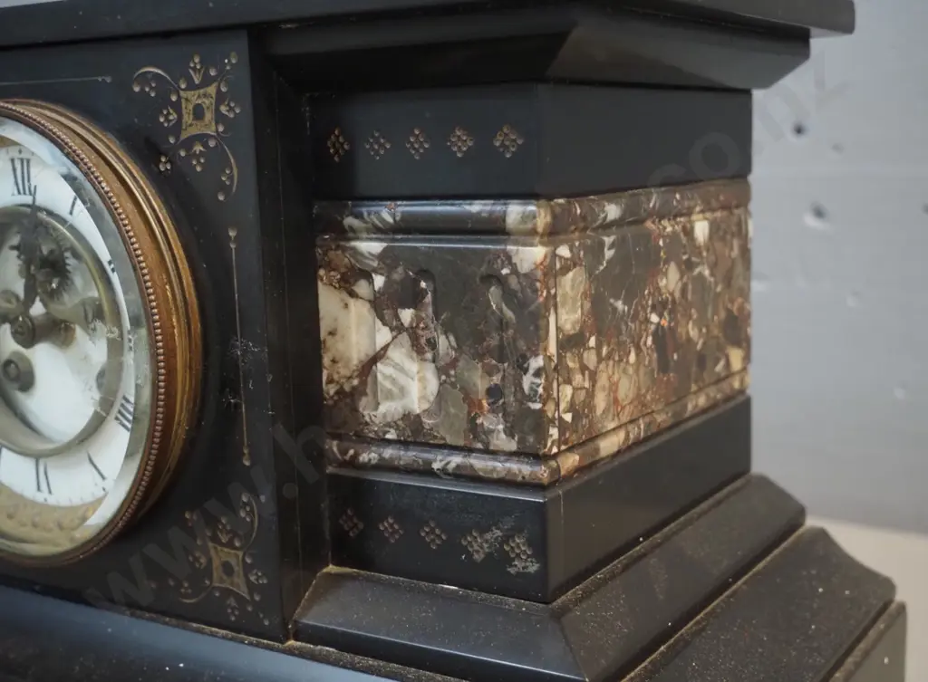 black and mottled marble or stone cased mantel clock - w/pendulum & 2 keys H230 W370 D180 Image 1++