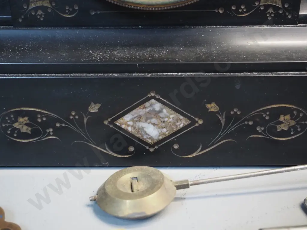 black and mottled marble or stone cased mantel clock - w/pendulum & 2 keys H230 W370 D180 Image 1++