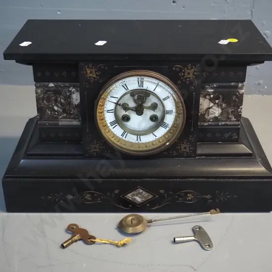 black and mottled marble or stone cased mantel clock - w/pendulum & 2 keys H230 W370 D180