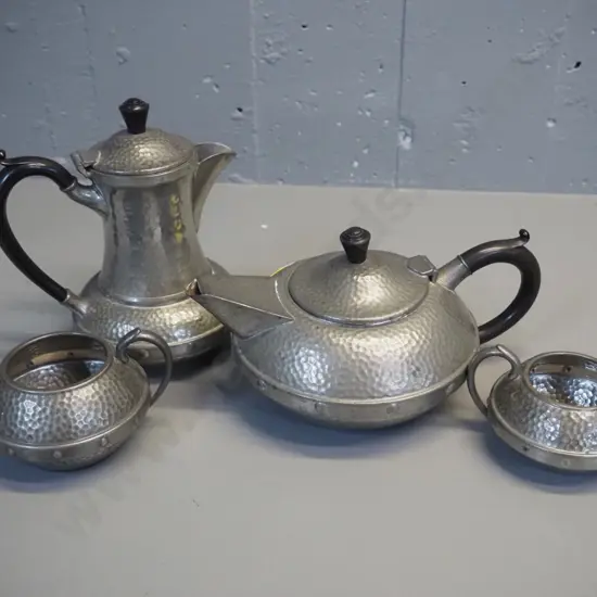 Craftsman Sheffield hand-beaten pewter 4-piece tea set with bakelite handles and knobs