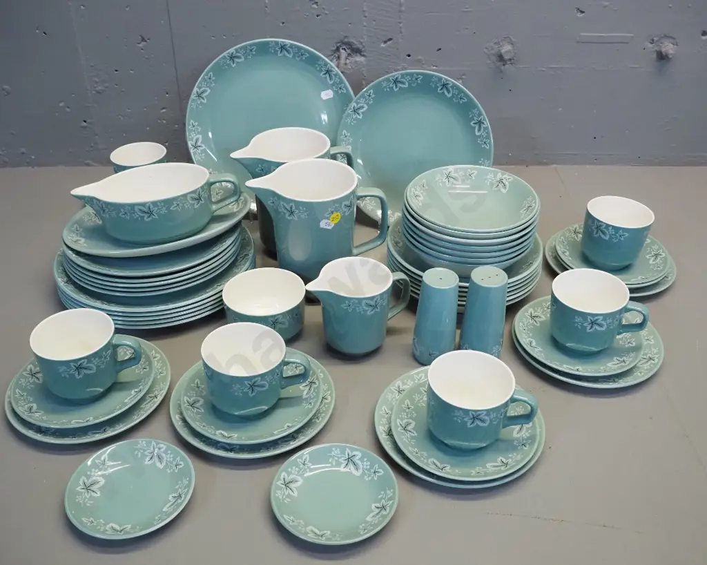 Crown Lynn Silver Maple 6-place dinner set including salt & pepper, jugs, etc. - chip to one dessert Image 1++