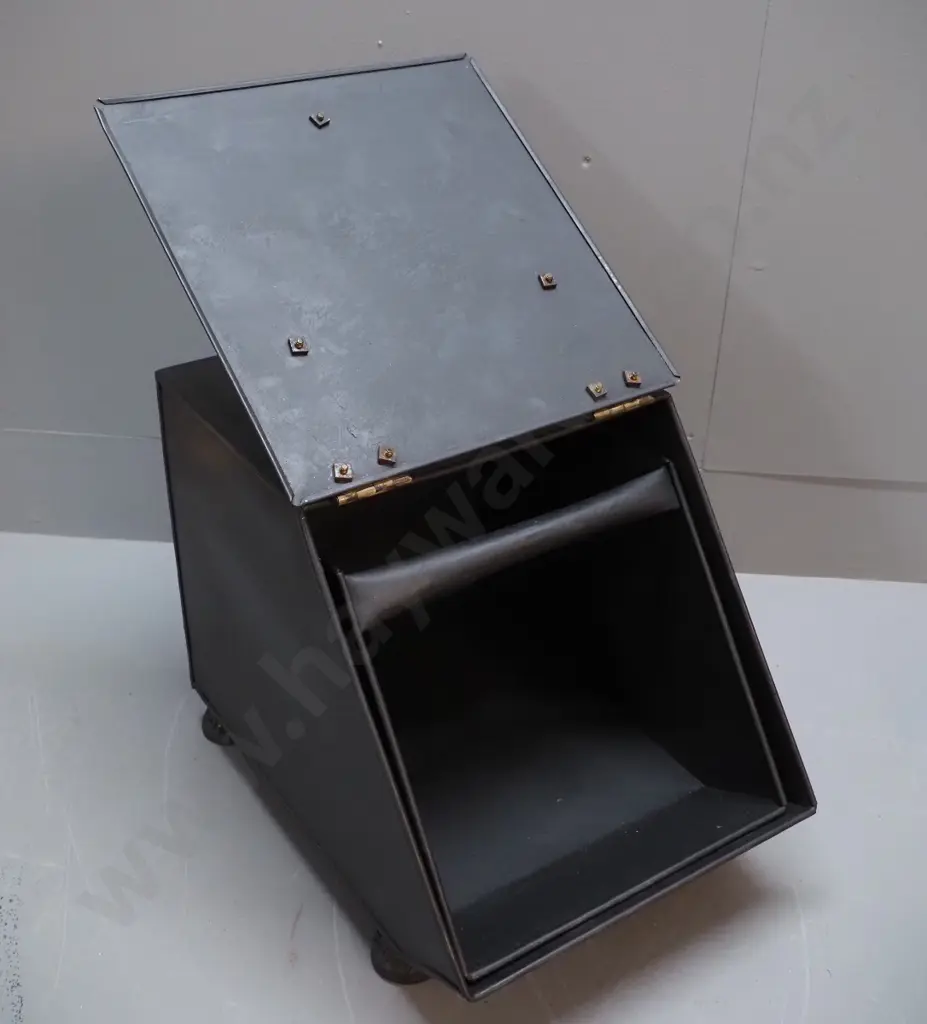 vintage black metal coal scuttle with brass hinges and handles, includes liner, no shovel H360 W270 D430 Image 1++