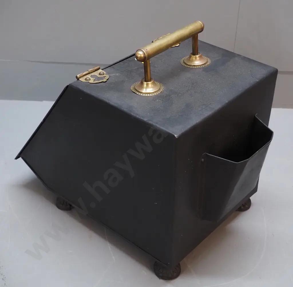 vintage black metal coal scuttle with brass hinges and handles, includes liner, no shovel H360 W270 D430 Image 1++