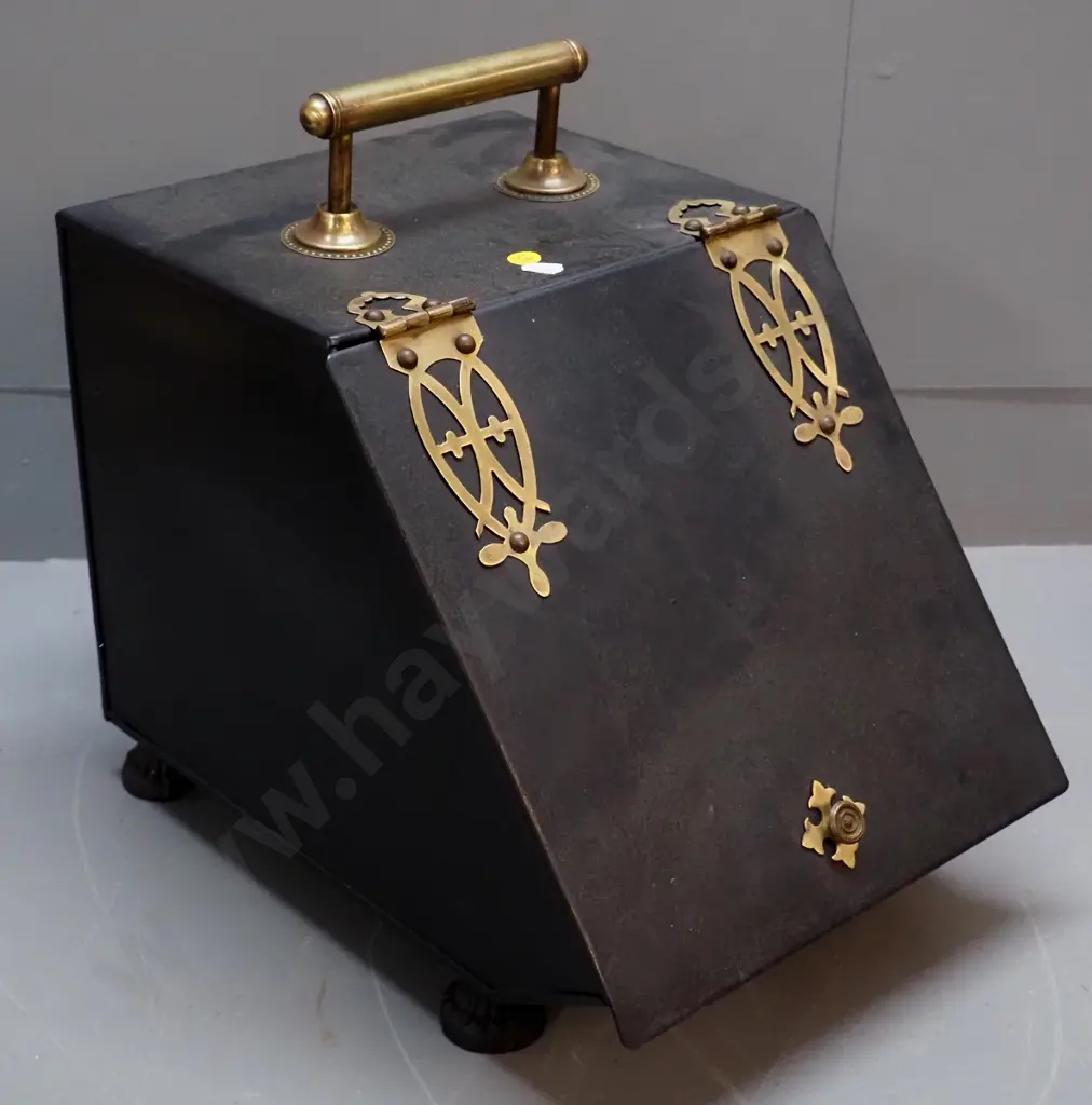 vintage black metal coal scuttle with brass hinges and handles, includes liner, no shovel H360 W270 D430 Image 1++