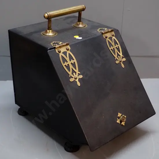 vintage black metal coal scuttle with brass hinges and handles, includes liner, no shovel H360 W270 D430