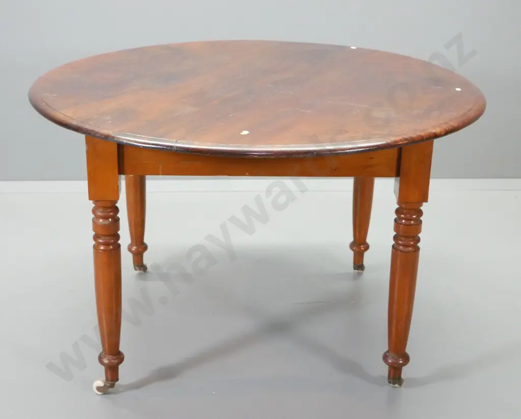 vintage solid timber round dining table - turned legs, original porcelain casters, , repaired crack on top H750 D-1200 Image 1++