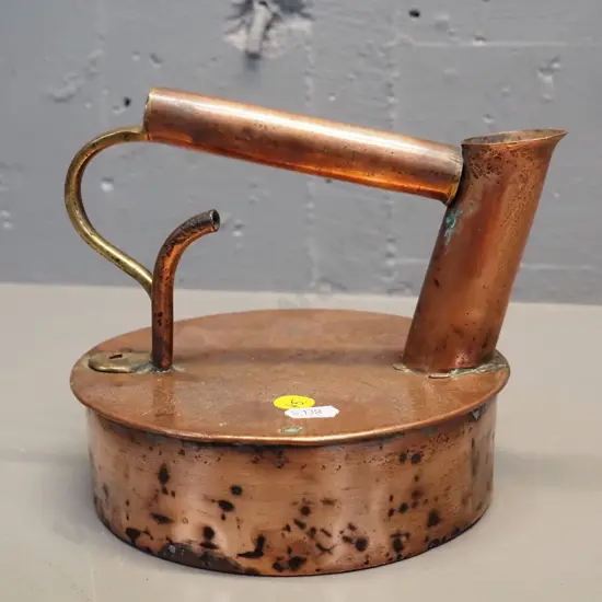 early small vented copper and brass kettle - some dents & wear H-160 L-190