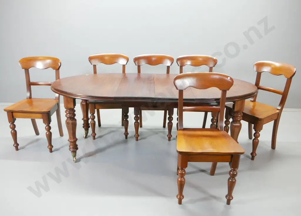 vintage mahogany oval extending dining table w/brass casters, 2 leaves, w/ 6 reproduction solid timber chairs Image 1++