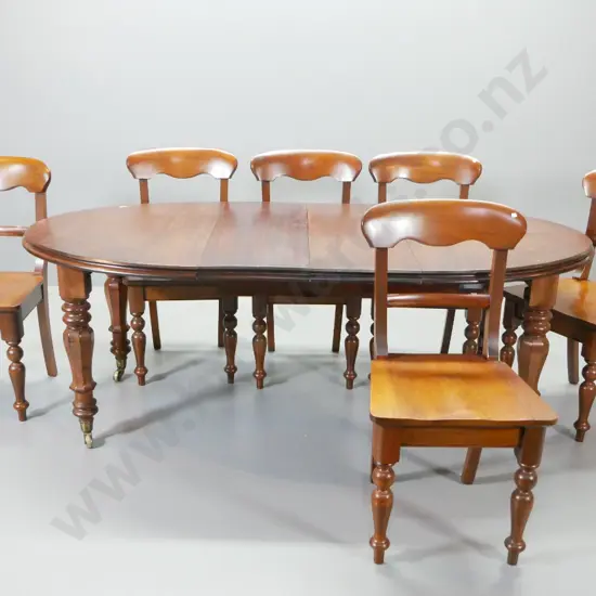 vintage mahogany oval extending dining table w/brass casters, 2 leaves, w/ 6 reproduction solid timber chairs