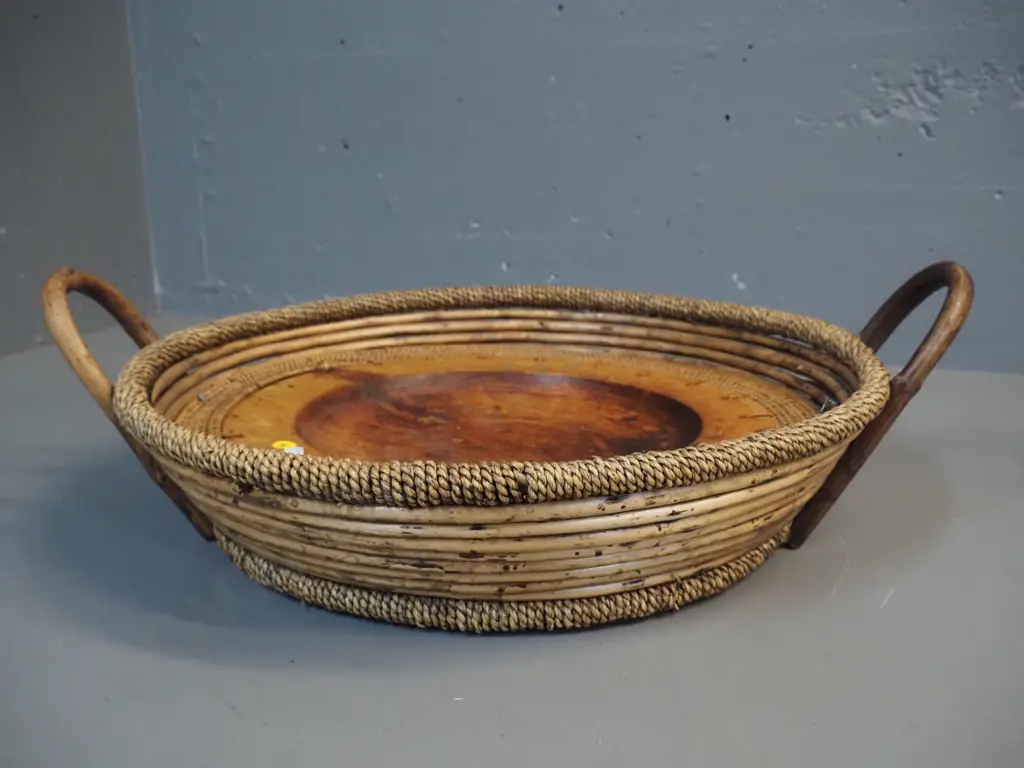 timber and cane large handled serving basket/tray - inner tray secured with mail and wire H160 D-565 Image 1++
