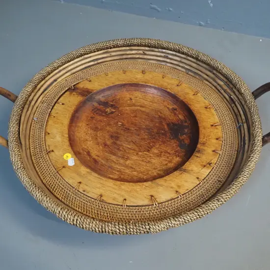 timber and cane large handled serving basket/tray - inner tray secured with mail and wire H160 D-565