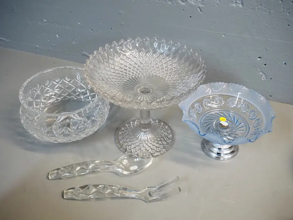 clear depression glass comport dish H200, blue depression glass comport w/ chrome stand, crystal salad bowl & servers Image 1++
