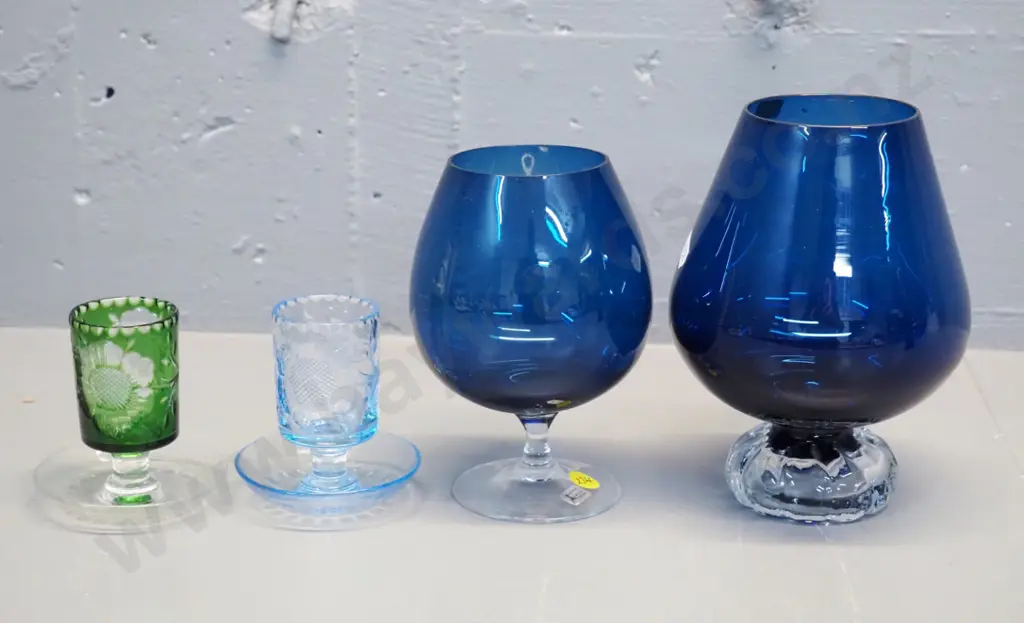 2 Seda Sweden blue glass goblets - larger is H-180 - and 2 small etched glass candlesticks H-90 Image 1++