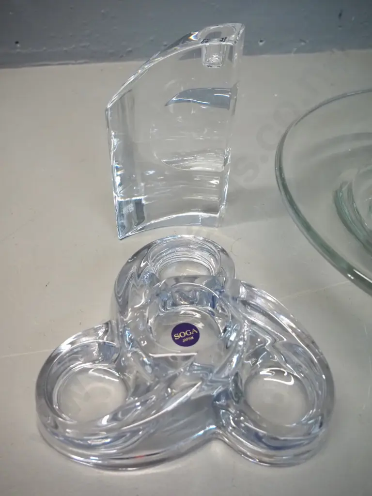 3 clear glass items - Rogaska candlestick H170, Ocean Thailand bowl D300 Soga Japan tea-light holder Image 1++