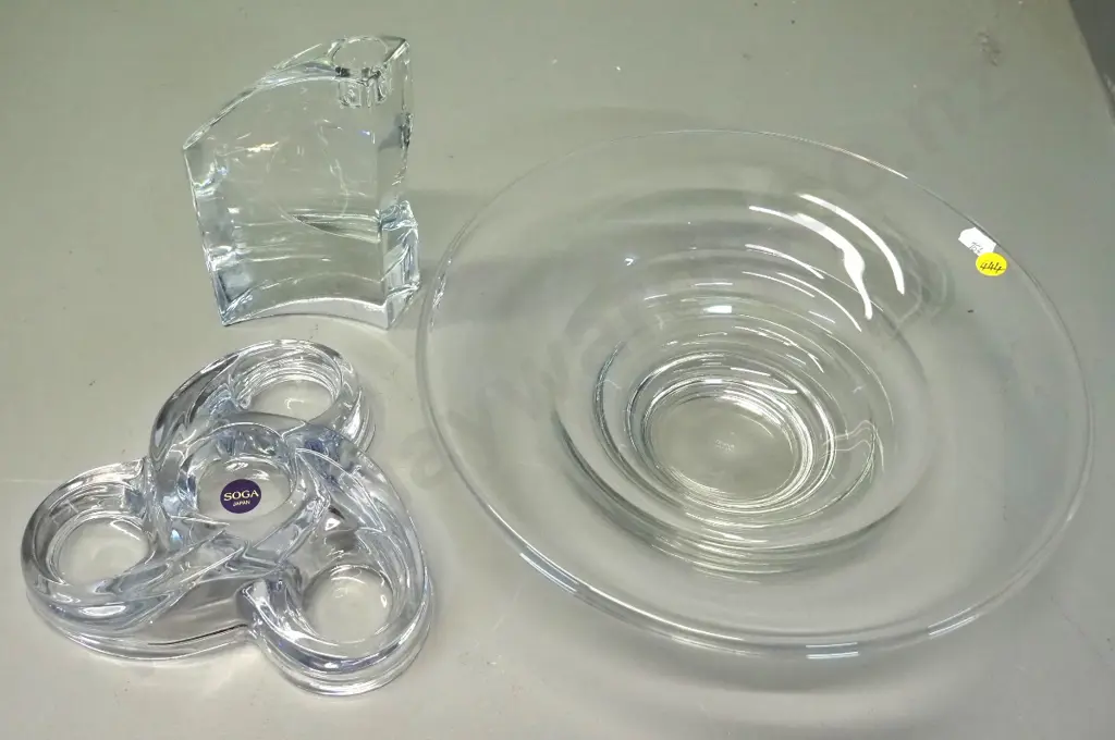 3 clear glass items - Rogaska candlestick H170, Ocean Thailand bowl D300 Soga Japan tea-light holder Image 1++