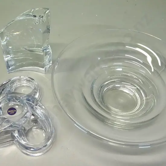 3 clear glass items - Rogaska candlestick H170, Ocean Thailand bowl D300 Soga Japan tea-light holder