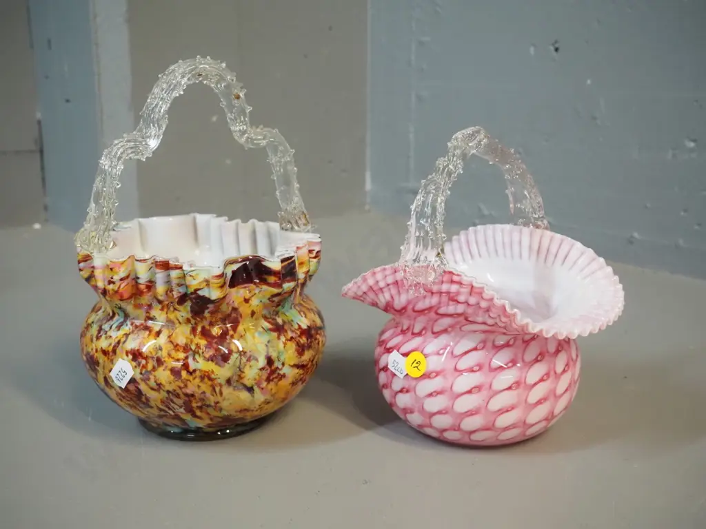 2 hand-blown art glass ornamental basket vases, taller is H-230 Image 1++
