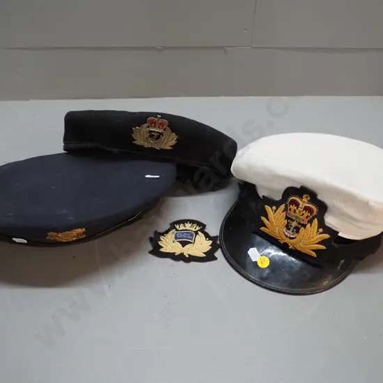 3 uniform caps - San Francisco police and 2 with naval anchor badges - beret & cap and a badge - all damage or wear