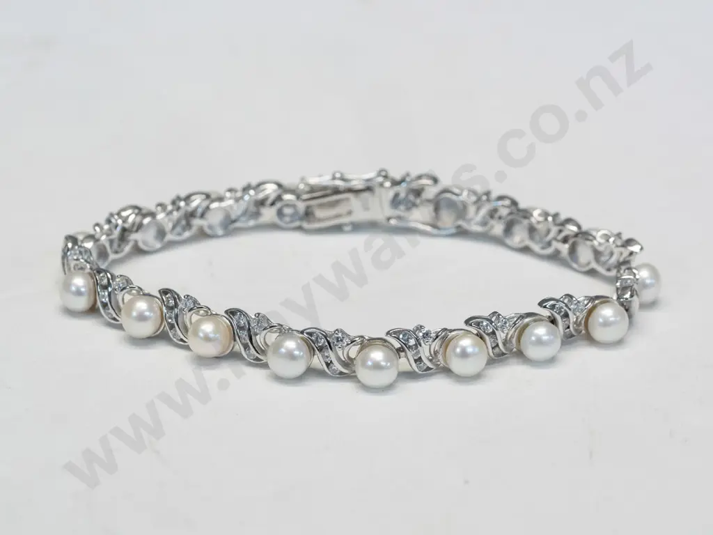 cultured pearl & cz bracelet stamped 925 Image 1++