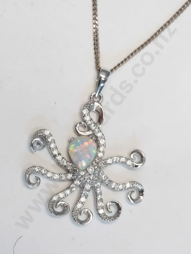 silver cz & opal necklace chain stamped 925 Image 1++