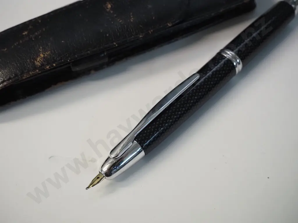Pilot retractable fountain pen - nib marked 'Pilot 14k750' - with leather case, has unknown logo Image 1++
