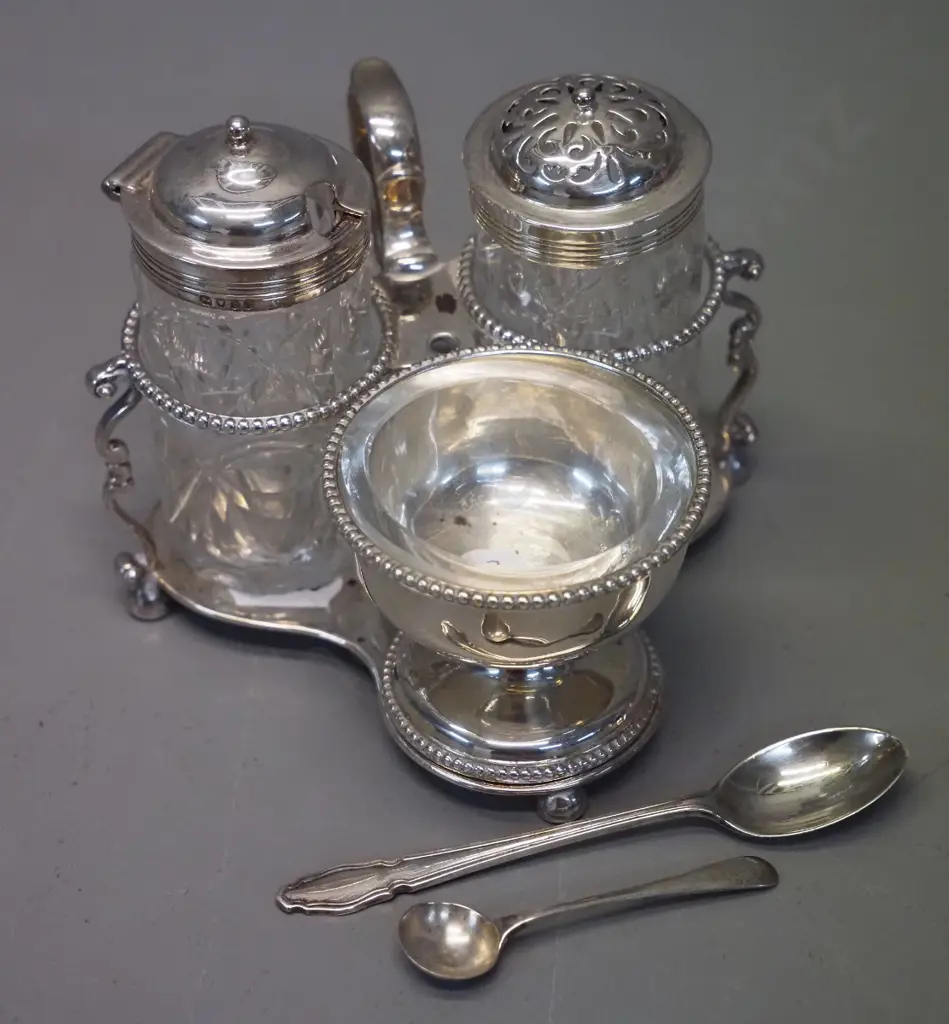 sterling silver condiment set w/hallmarks and Thomas, Bond St. on base, glass liner for salt, chips to bases of other 2 Image 1++