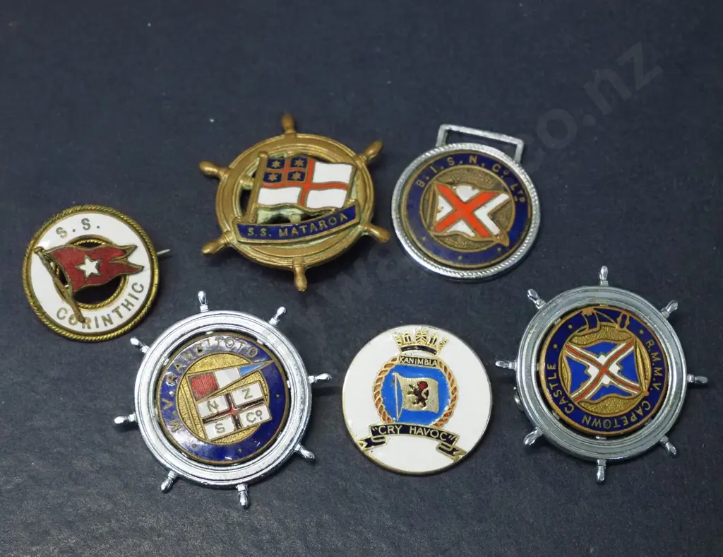 assorted enamel naval or shipping badges - Rangitoto, Mataroa, Corinthic, Capetown Castle, Kanimbla etc. Image 1++