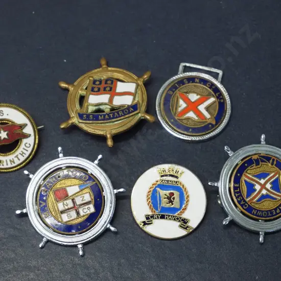 assorted enamel naval or shipping badges - Rangitoto, Mataroa, Corinthic, Capetown Castle, Kanimbla etc.