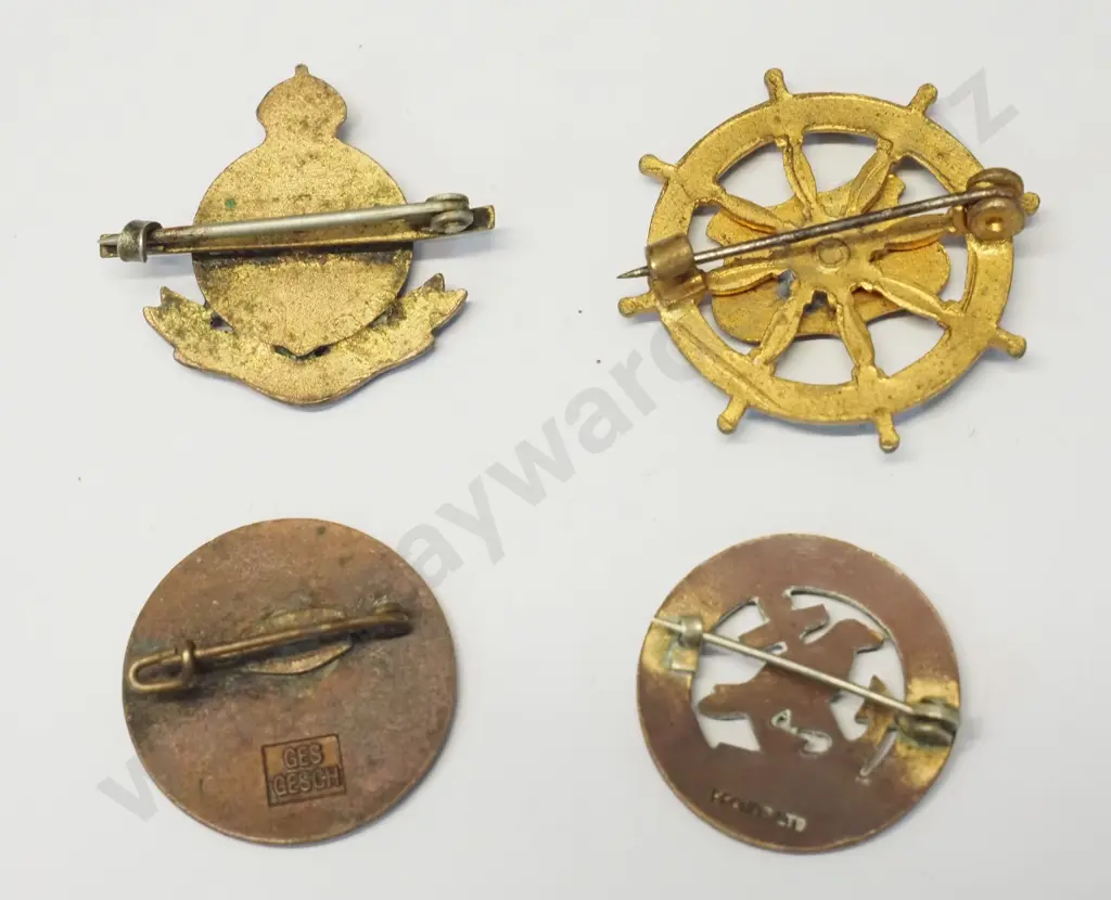 4 vintage enamel badges - H.M.S. Hood, Mauretania, Remuera, Berlin Games 1936 Image 1++