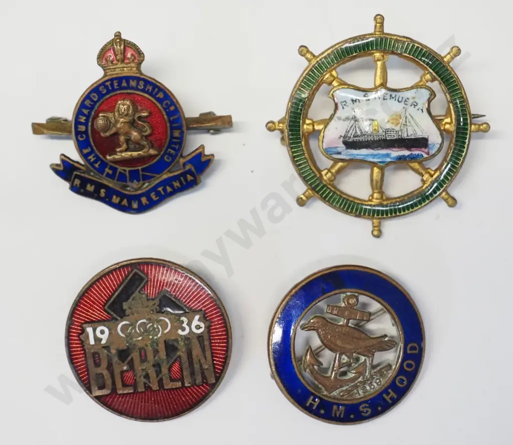 4 vintage enamel badges - H.M.S. Hood, Mauretania, Remuera, Berlin Games 1936 Image 1++