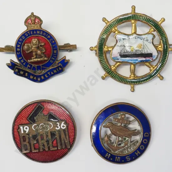 4 vintage enamel badges - H.M.S. Hood, Mauretania, Remuera, Berlin Games 1936