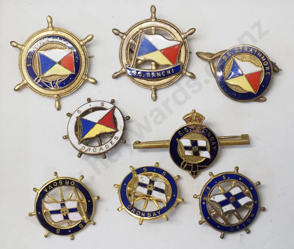 assorted P&O and Orient Line enamel badges - Strathmore, Orcades, Ranchi, Oronsay tie pin etc. Image 1++