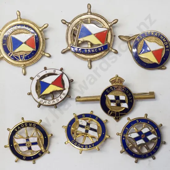 assorted P&O and Orient Line enamel badges - Strathmore, Orcades, Ranchi, Oronsay tie pin etc.