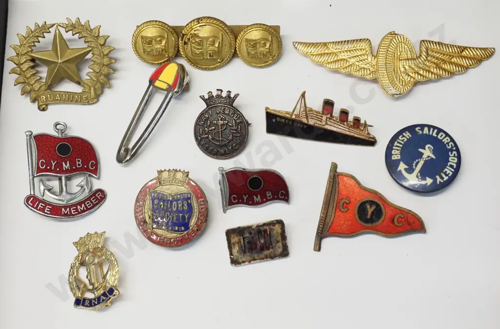 assorted navy or shipping badges - Ruahini hat badge, naval societies, Queen Mary, N.Z.S. Co. etc. Image 1++