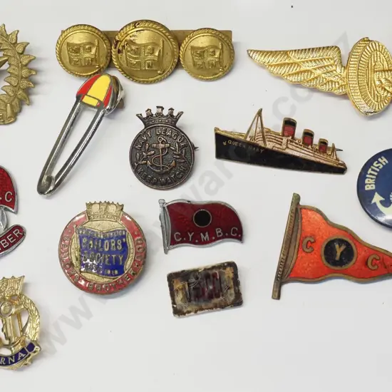 assorted navy or shipping badges - Ruahini hat badge, naval societies, Queen Mary, N.Z.S. Co. etc.