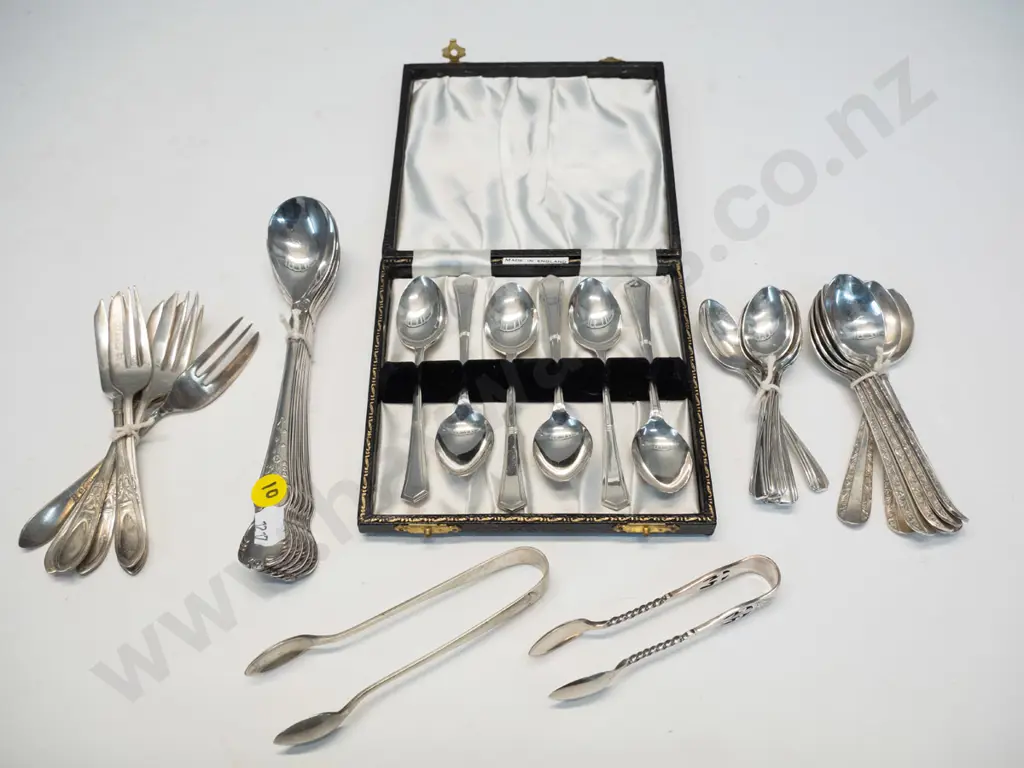 assorted plated teaspoons, cake forks, sugar tongs Image 1++