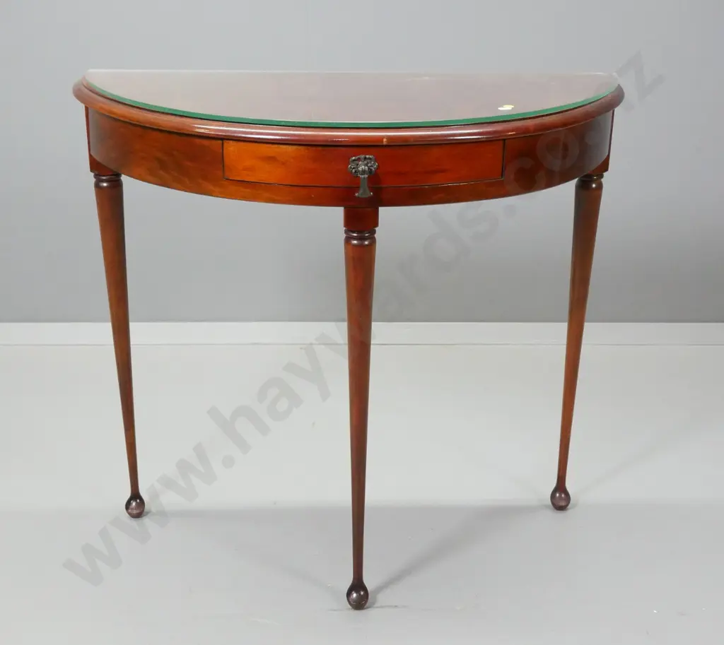 reproduction mahogany cab-leg half-round hall table with 1 drawer, drop handle, glass top H710 W780 D350 Image 1++