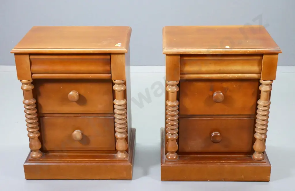 pair of vintage kauri 3-drawer bedside cabinets w/cotton reel columns, polish needs work H-670 W-510 D-380 Image 1++