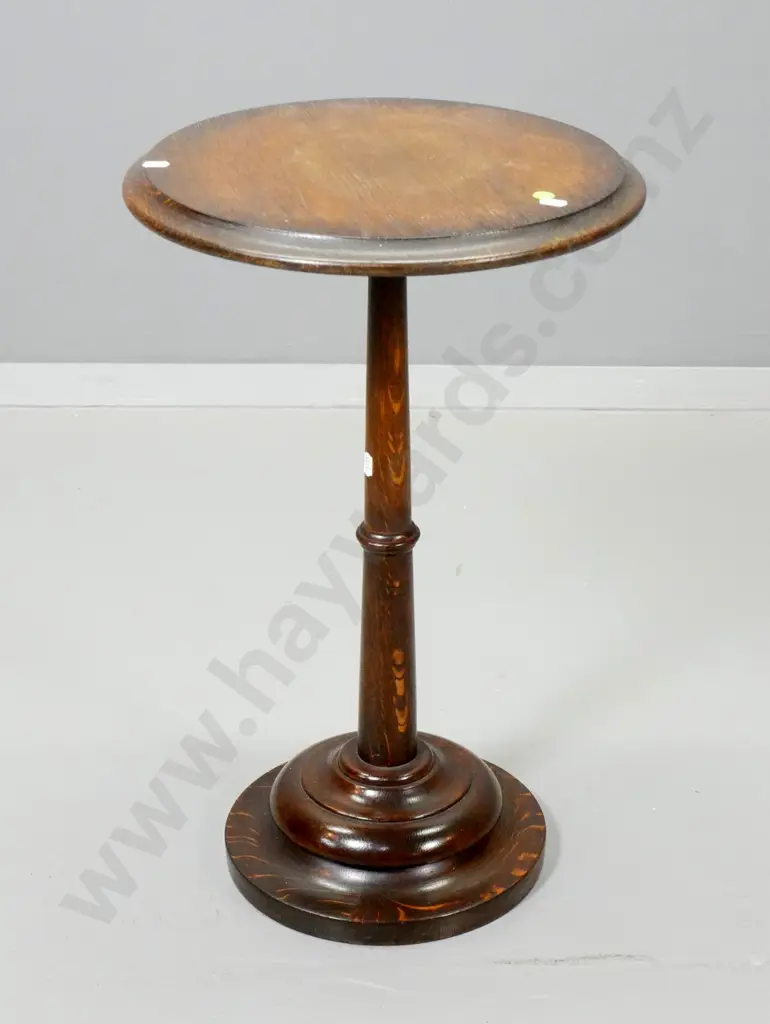 deco dark stained oak pedestal base wine table / plant stand - polish needs attention H-560 D-360 Image 1++