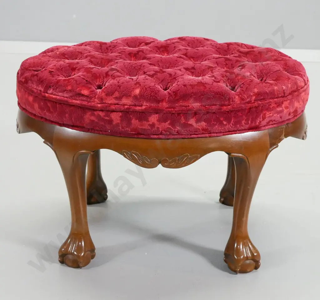 mahogany reproduction oval foot stool with deep button velvet top, carved show-wood base H400 W590 D410 Image 1++