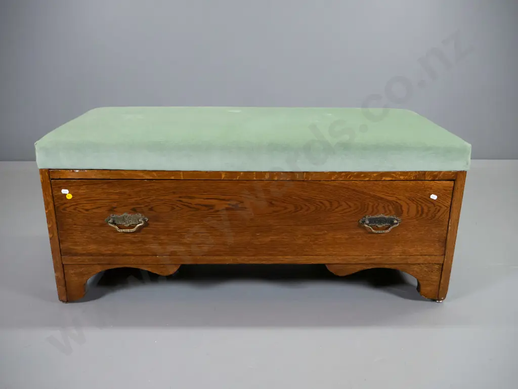 deco oak storage chest/seat with drawer, upholstered top, original drop handles H480 W1080 D470 Image 1++