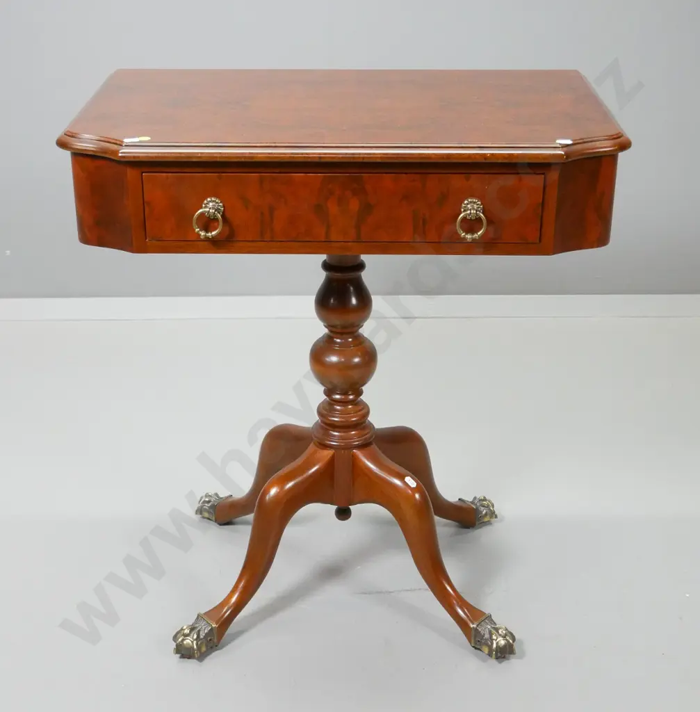 reproduction mahogany and burr walnut hall table with brass ball and claw feet, single drawer H700 W660 D400 Image 1++