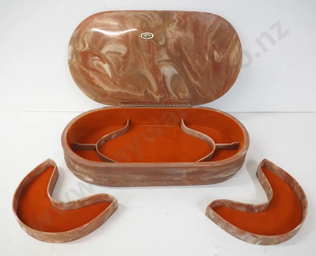 heavy matte finish faux stone jewellery casket w/ lined compartments and trays - Incolay Stone USA  label H100 W590 D320 Image 1++