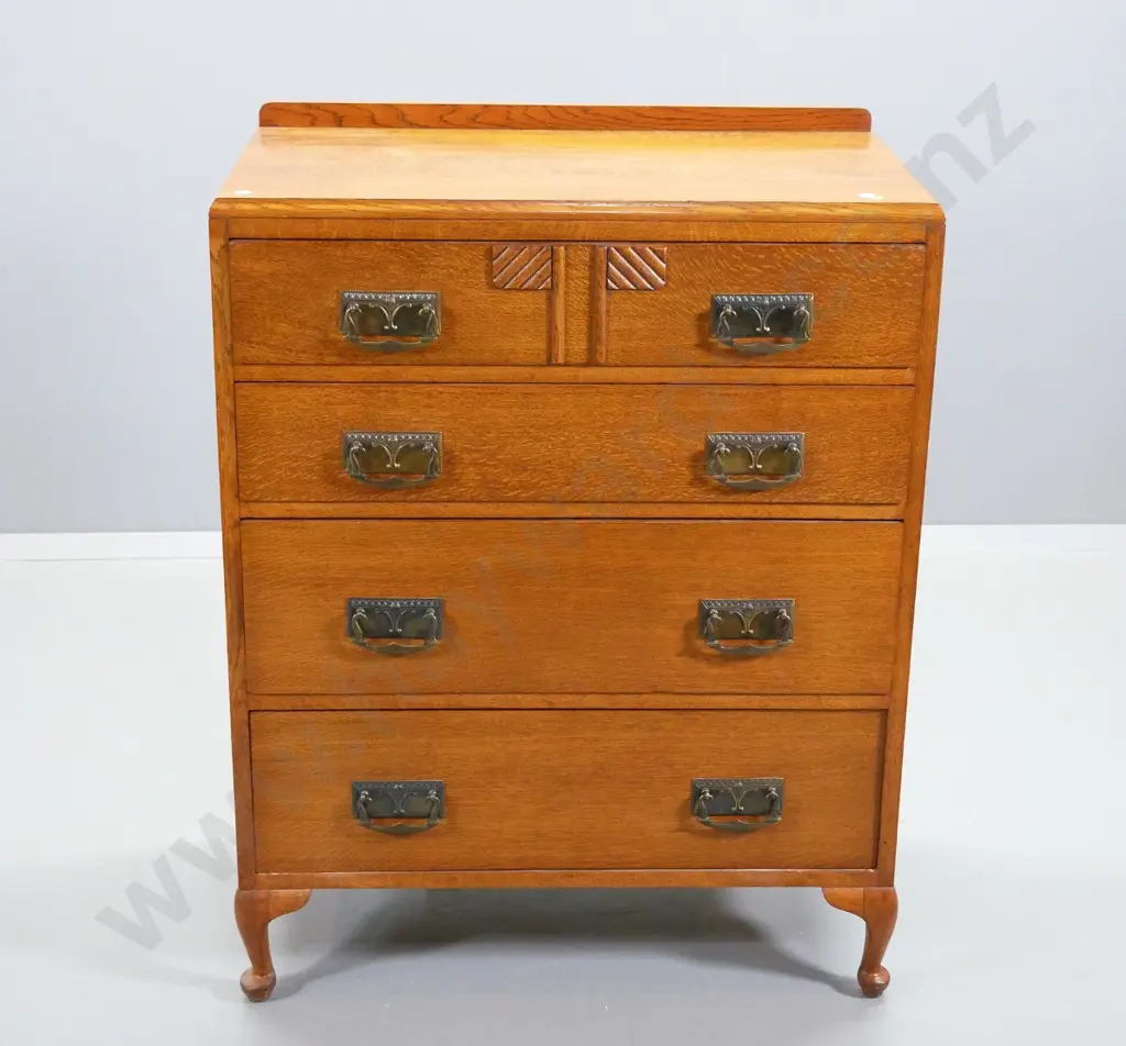 deco oak 4-drawer chest w/original brass drop handles H-1000 W-760 D-430 Image 1++